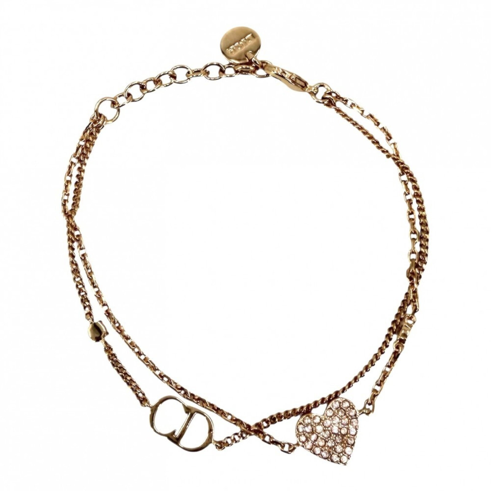CHRISTIAN DIOR Charm Bracelet Rhinestone: CHRISTIAN DIOR Charm Bracelet Rhinestone Pink gold rhinestone charm bracelet from Christian Dior, available in sizes 14cm-17cm. This like-new used bracelet boasts a delicate pink gold finish and featu