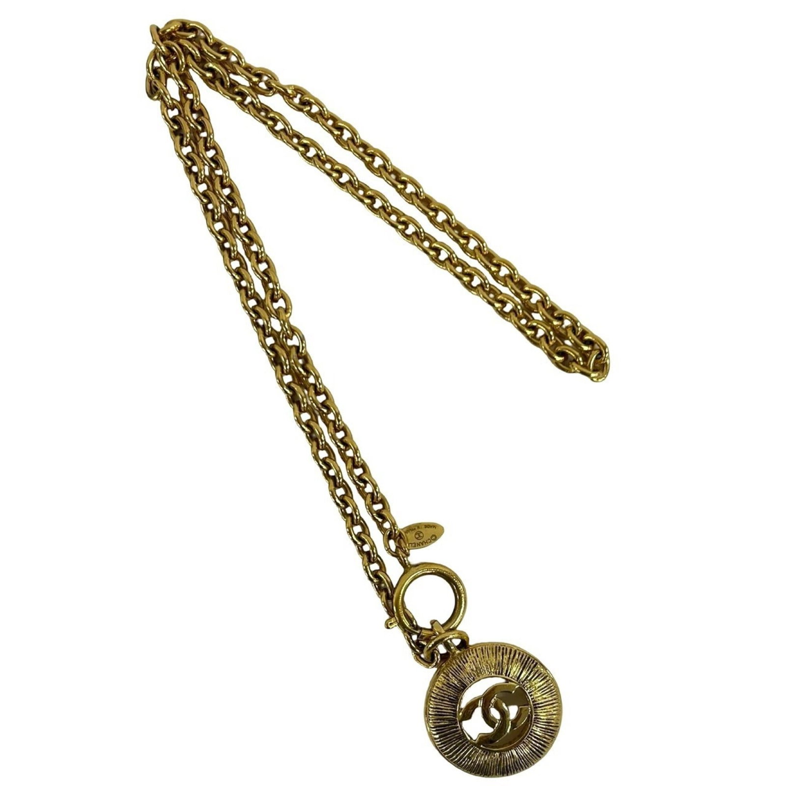 CHANEL Gold Plating: CHANEL Gold Plating Gold plating on a Chanel necklace, featuring a 40mm x 30mm pendant with a gold plating color. The necklace has a 58 cm / 22.83'' neck circumference and is made from gold plating