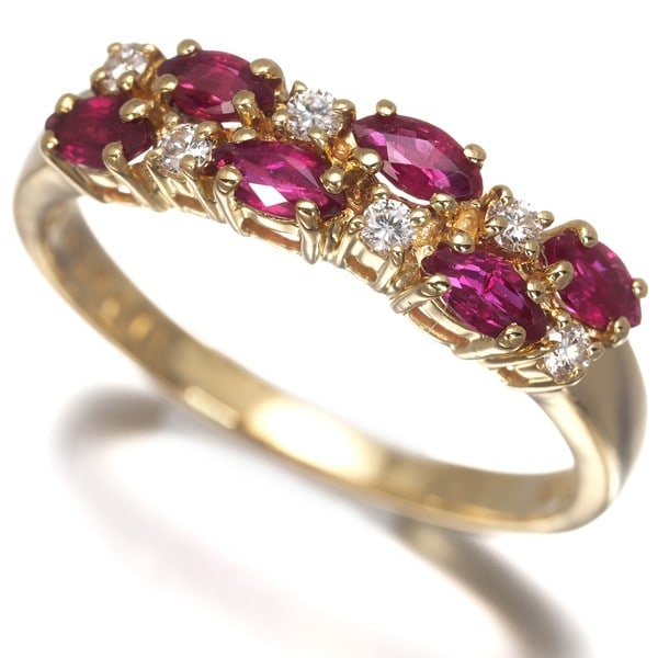 Mikimoto Ring Ruby 0.71Ct Diamond 0.08Ct Marquise Us5.75-6 18K Yg: Mikimoto Ring Ruby 0.71Ct Diamond 0.08Ct Marquise Us5.75-6 18K Yg Mikimoto's 18k yellow gold ring showcases a stunning 0.71ct ruby main stone, complemented by a 0.08ct marquise diamond. The ring's