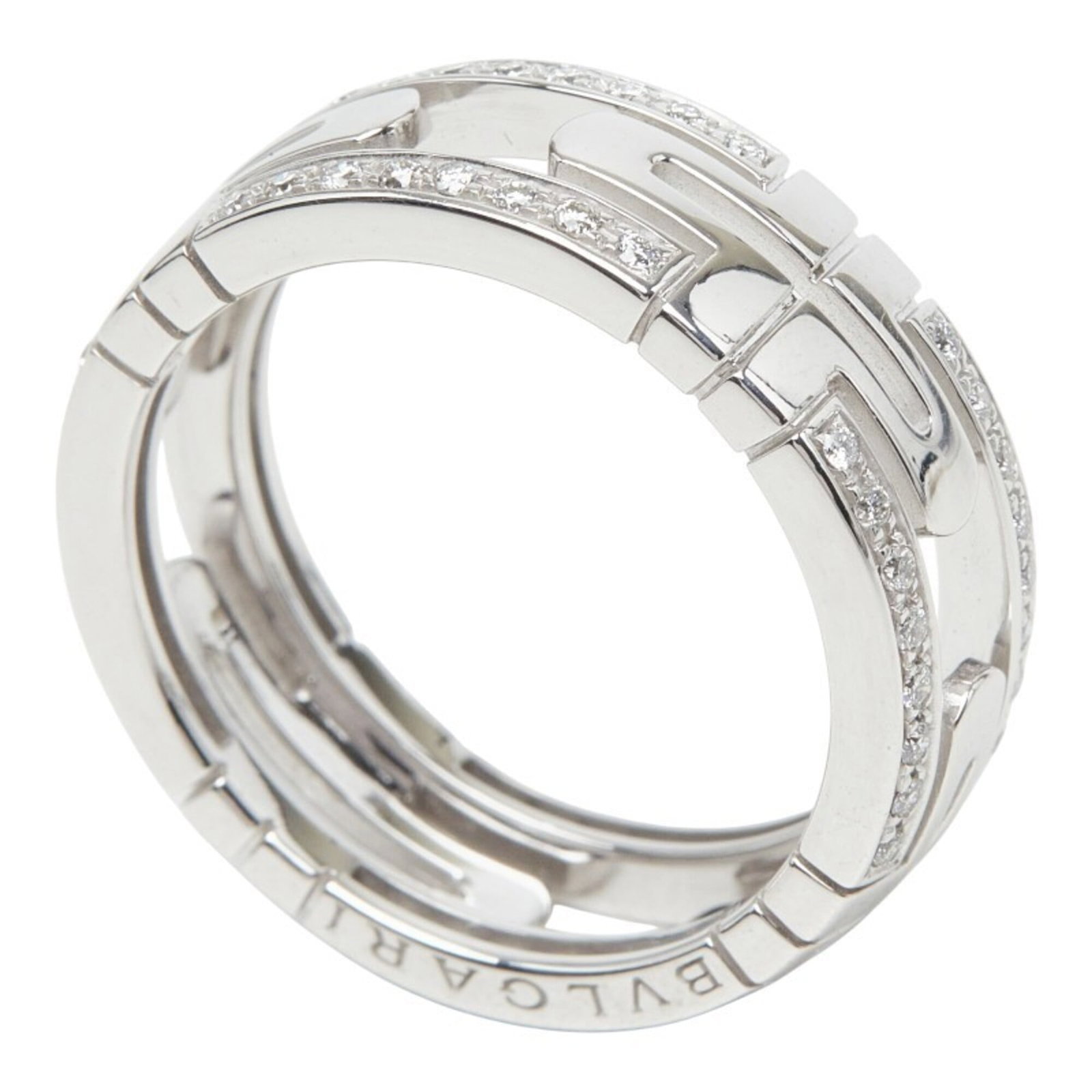 BVLGARI Band Ring White Gold (18K): BVLGARI Band Ring White Gold (18K) BVLGARI Band Ring White Gold (18K) is a gently used, very good condition band ring featuring 18K white gold and a diamond stone. Small scratches or light marks may