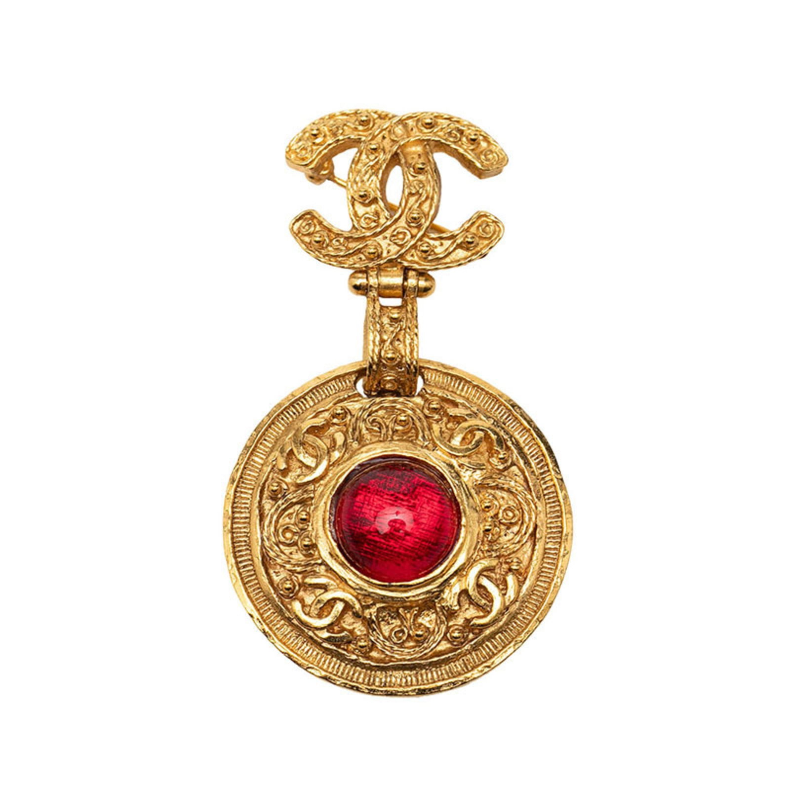 CHANEL Brooch Glass Gold Plating: CHANEL Brooch Glass Gold Plating Glass and gold plating come together in this elegant CHANEL brooch, featuring a striking gold and red color combination. Measuring 67.3cm x 38.6cm, this gently used