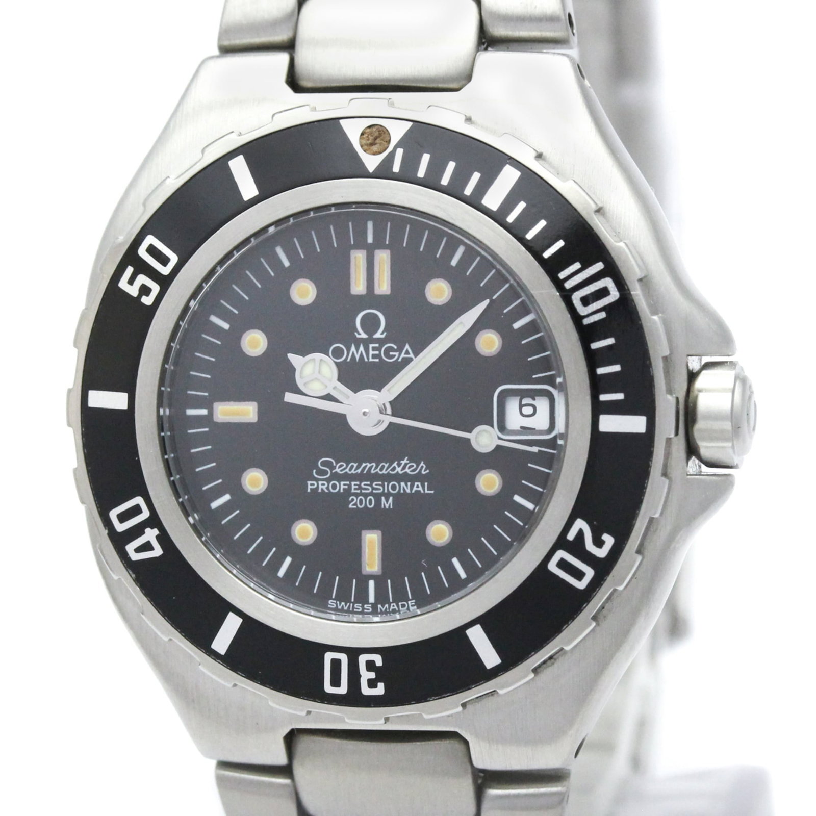 OMEGA Wristwatch Stainless Steel: OMEGA Wristwatch Stainless Steel Stainless steel case and band, paired with a sleek black dial, make this Omega Seamaster watch a stylish accessory for any occasion. The quartz movement ensures