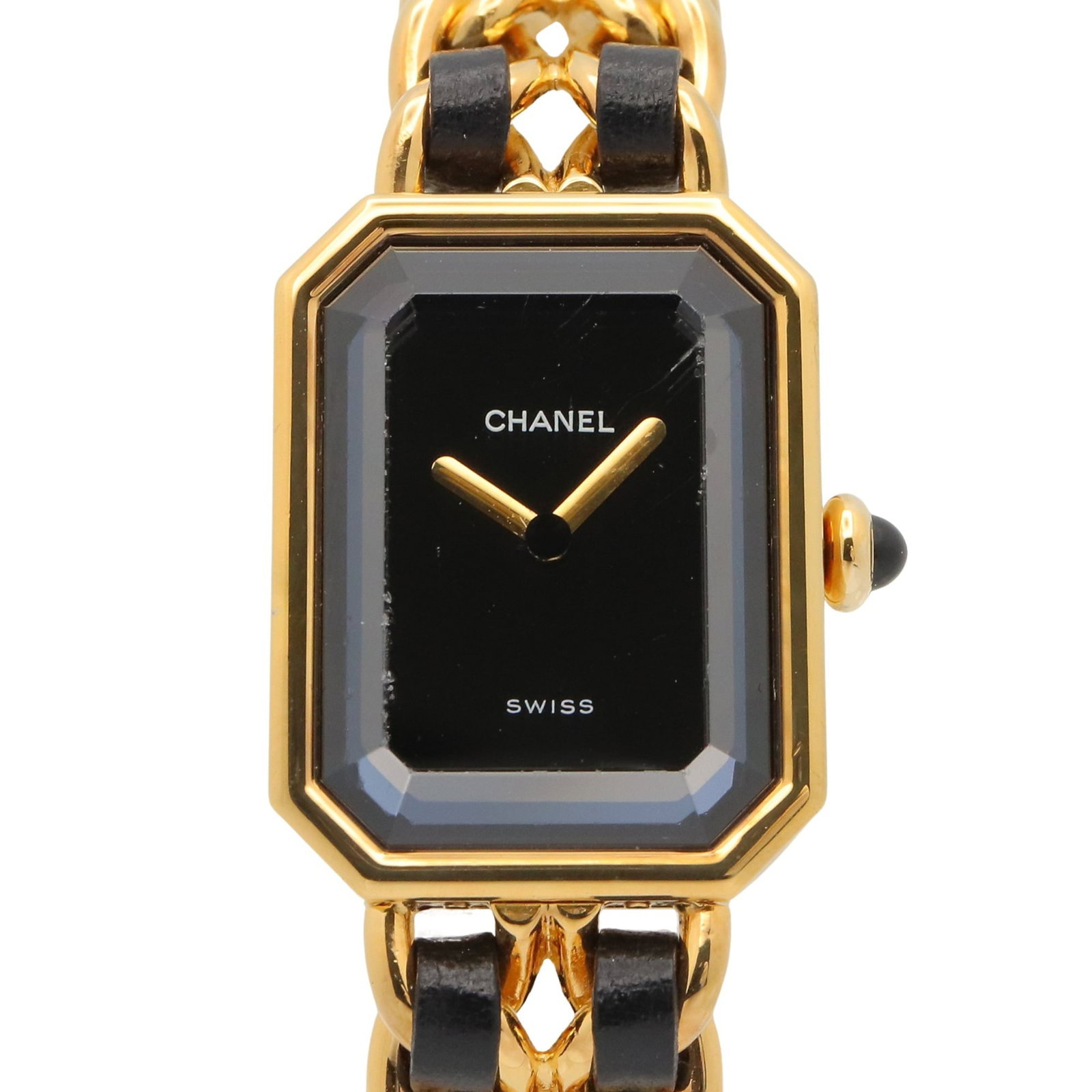 CHANEL Wristwatch Gold Plated: CHANEL Wristwatch Gold Plated Gold plated Chanel wristwatch with a sleek black dial and a gold plated leather strap, featuring a quartz movement and a 20mm case diameter. This gently used timepiece