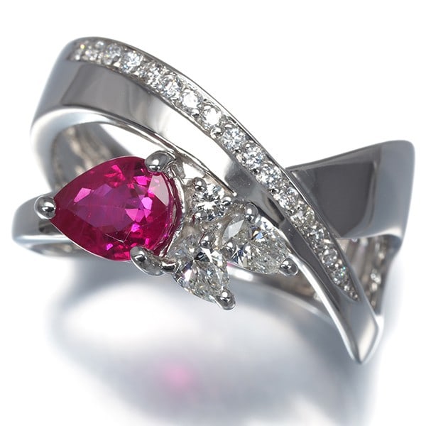 Ruby 1.00Ct Diamond 0.31Ct Pear-Shaped Ring 900 Platinum (1 of 6)