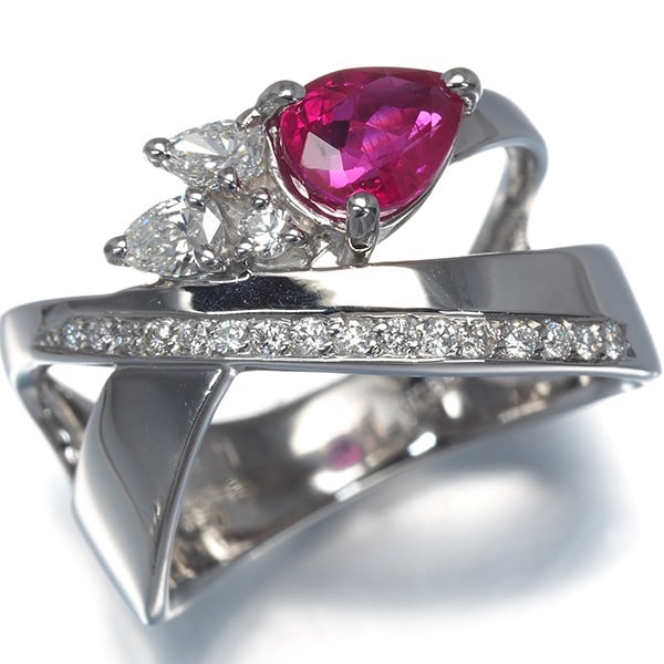 Ruby 1.00Ct Diamond 0.31Ct Pear-Shaped Ring 900 Platinum - 2