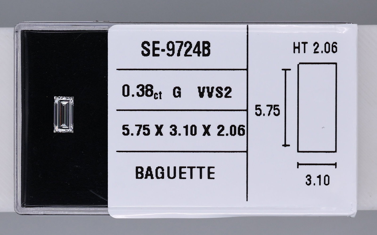 Baguette 0.38ct G VVS2 - Loose Natural Diamond: Baguette 0.38ct G VVS2 - Loose Natural Diamond Item Specifics: Source: Natural White Carat: 0.38 Cut: - Color: G Clarity: VVS2 Polish: EX Symmetry: EX Measurements: 5.75L X 3.1W X 2.06H Certification: