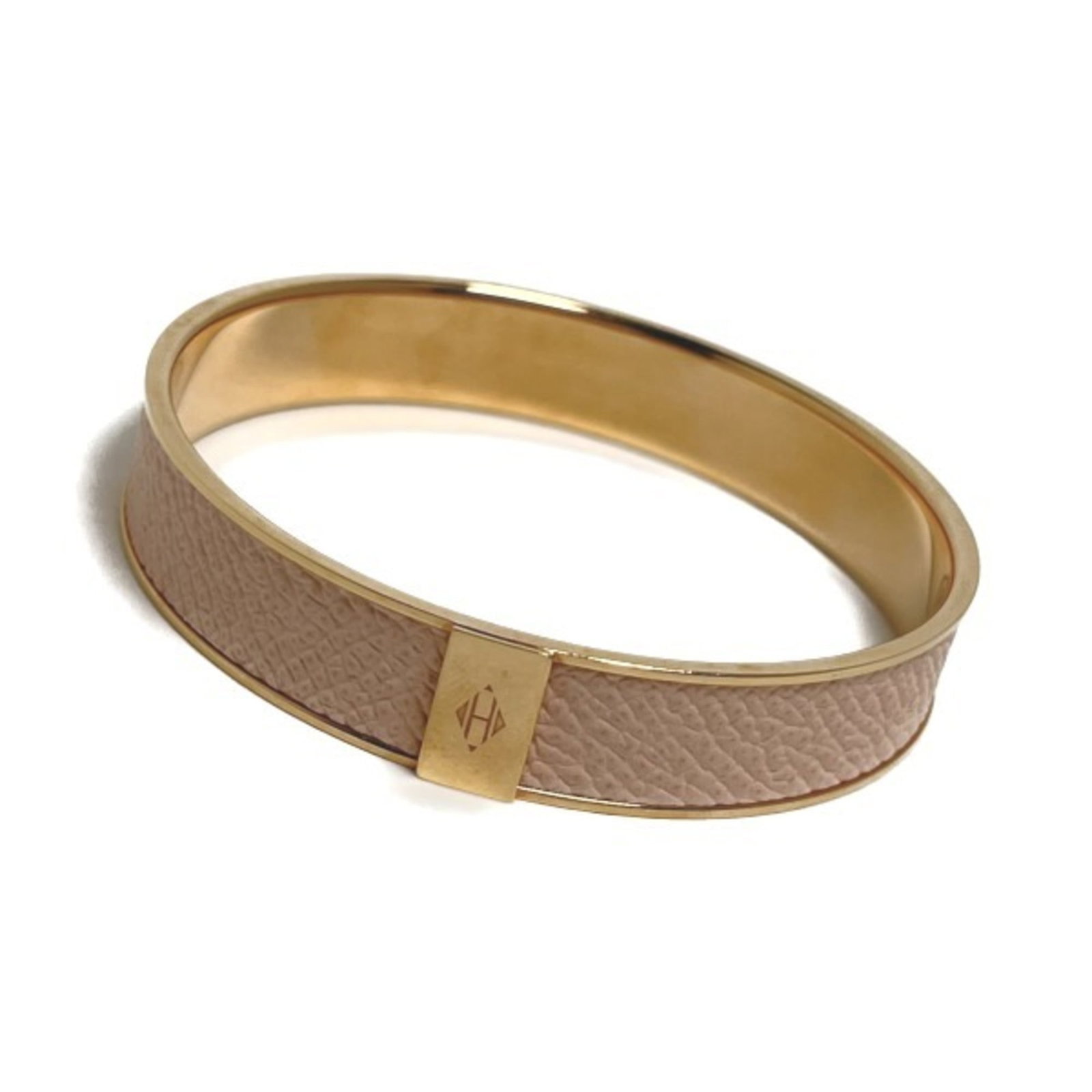 HERMES Bangle Leather: HERMES Bangle Leather Gold and pink leather bangle from Hermes, gently used with minor signs of wear, including small scratches or light marks. The item is in very good condition, with a classic desig
