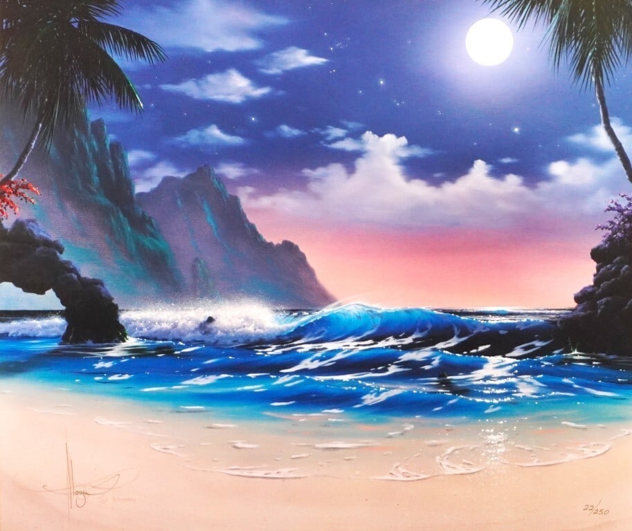Mixed Media Hand Signed Framed Moon Over Hawaii by John al hogue ED 22/ 250: Mixed Media Hand Signed Framed Moon Over Hawaii by John al hogue ED 22/ 250 Item Specifics: Unit Of Sale: Single Piece Artist: John Al Hogue Signed By: John Al Hogue Size: Large Signed: Yes Material: 