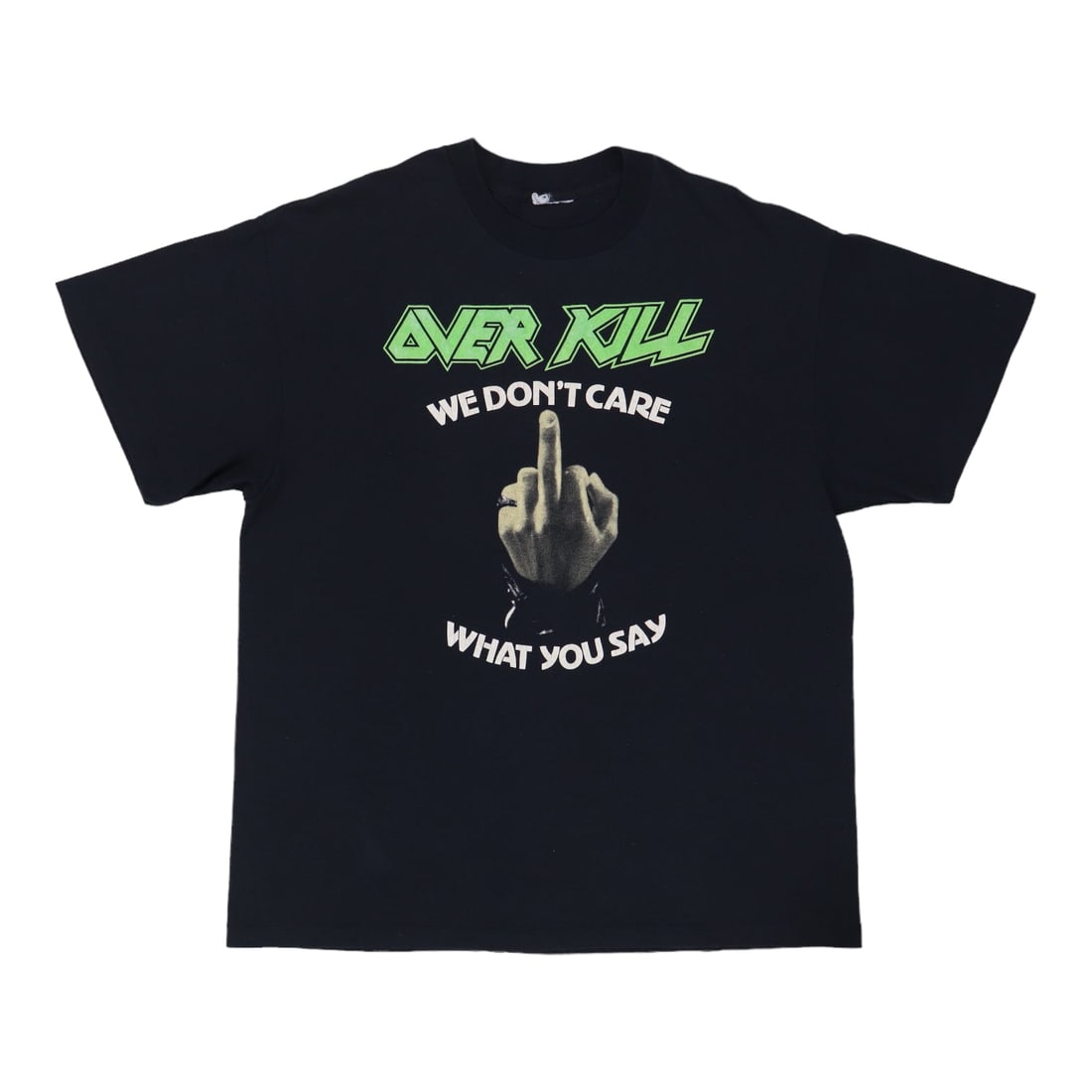 We Don't Care What You Say 1987 Over Kill Shirt: We Don't Care What You Say 1987 Over Kill Shirt We're selling a 1987 Overkill shirt with a bold design that's sure to stand out. This vintage tee features a striking graphic that's been preserved in i