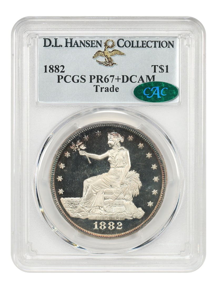 1882 Trade $1 PCGS/ CAC PR67+DCAM ex: D.L. Hansen - Trade Dollar: 1882 Trade $1 PCGS/ CAC PR67+DCAM ex: D.L. Hansen - Trade Dollar The 1882 Trade Dollar, graded PR67+DCAM by PCGS and CAC, boasts exceptional condition, with its details and design preserved in