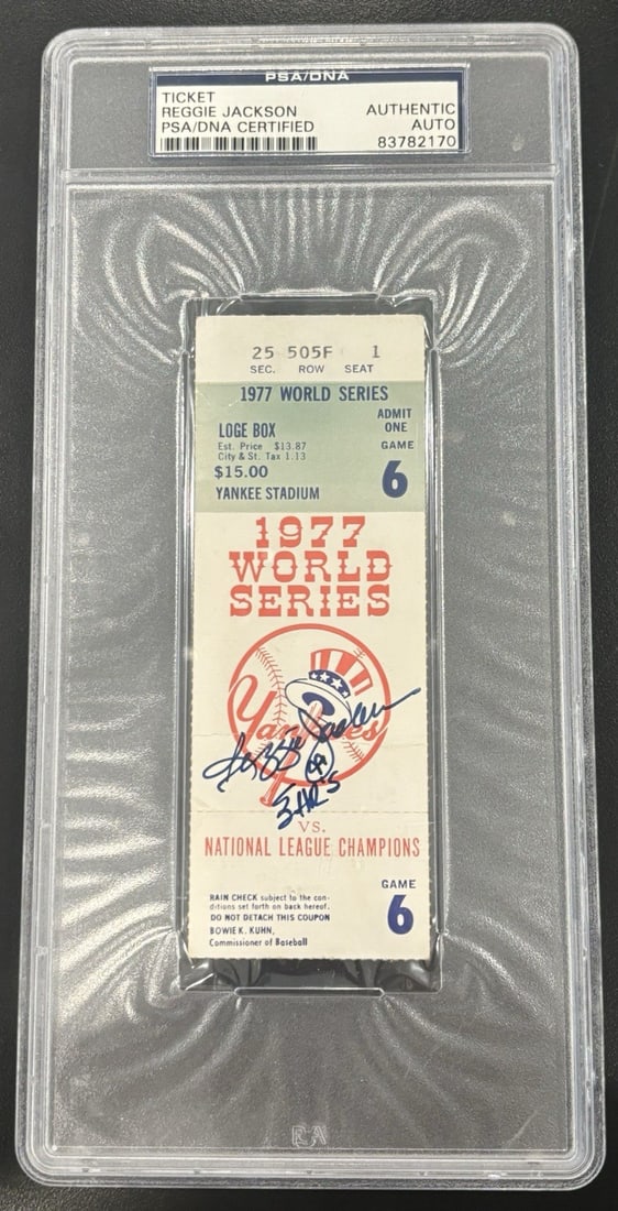 REGGIE JACKSON 3 HR GAME WORLD SERIES 1977 TICKET PSA DNA AUTO: REGGIE JACKSON 3 HR GAME WORLD SERIES 1977 TICKET PSA DNA AUTO PSA DNA auto of Reggie Jackson's 3 HR game world series 1977 ticket, graded PSA 10, a rare and iconic piece of baseball history. This vin