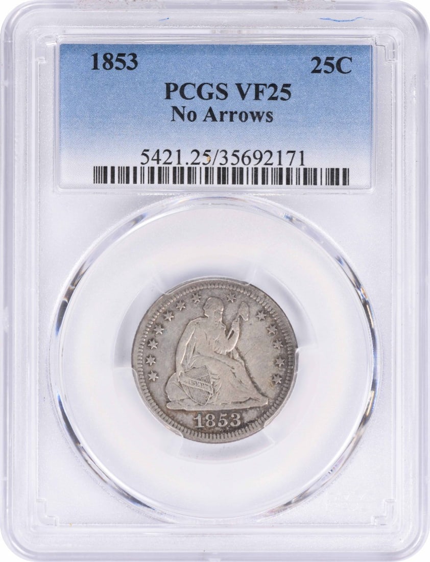 Liberty Seated Silver Quarter No Arrows VF25 PCGS: Liberty Seated Silver Quarter No Arrows VF25 PCGS The 1853 Liberty Seated Silver Quarter No Arrows is a rare and historic coin, bearing the signature of its artist. This coin is certified by PCGS as V