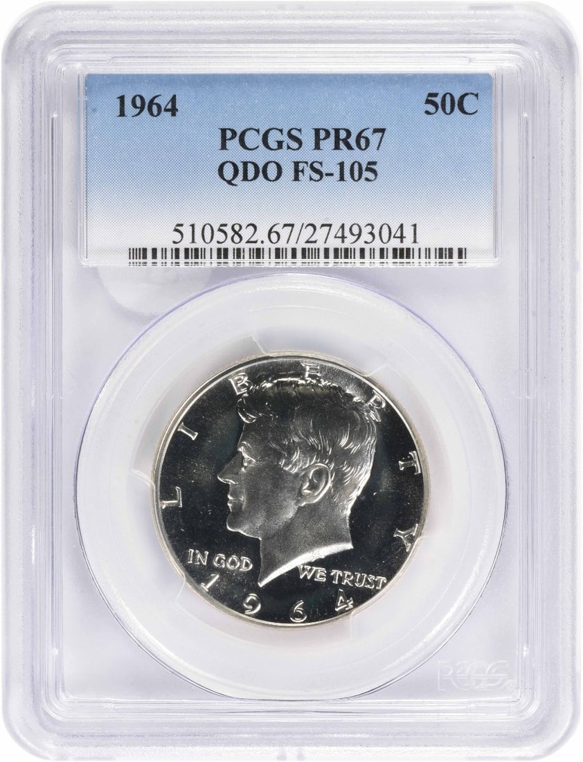 Half Dollar Kennedy 1964 Silver QDO PCGS PR67: Half Dollar Kennedy 1964 Silver QDO PCGS PR67 The 1964 Kennedy Half Dollar, graded PR67 by PCGS, boasts exceptional silver content and a striking proof finish. This circulated uncirculated coin featur