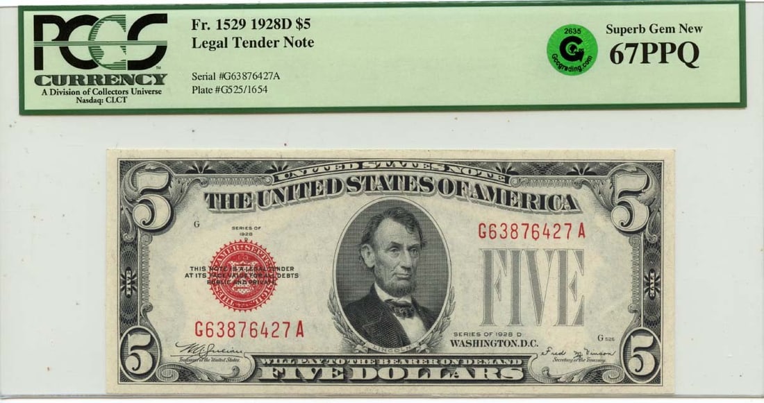 1928D $5 Legal Tender Note FR#1529 PCGS Superb GEM 67 EPQ GCC Green: 1928D $5 Legal Tender Note FR#1529 PCGS Superb GEM 67 EPQ GCC Green The 1928D $5 Legal Tender Note is a rare and highly detailed example of early American currency, boasting a PCGS Superb GEM 67 EPQ g