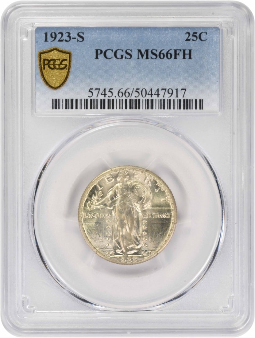 1923-S Standing Liberty Silver Quarter MS66FH PCGS: 1923-S Standing Liberty Silver Quarter MS66FH PCGS The 1923-S Standing Liberty Silver Quarter is a highly detailed and ornate coin, featuring the iconic Standing Liberty design on its obverse and a cl