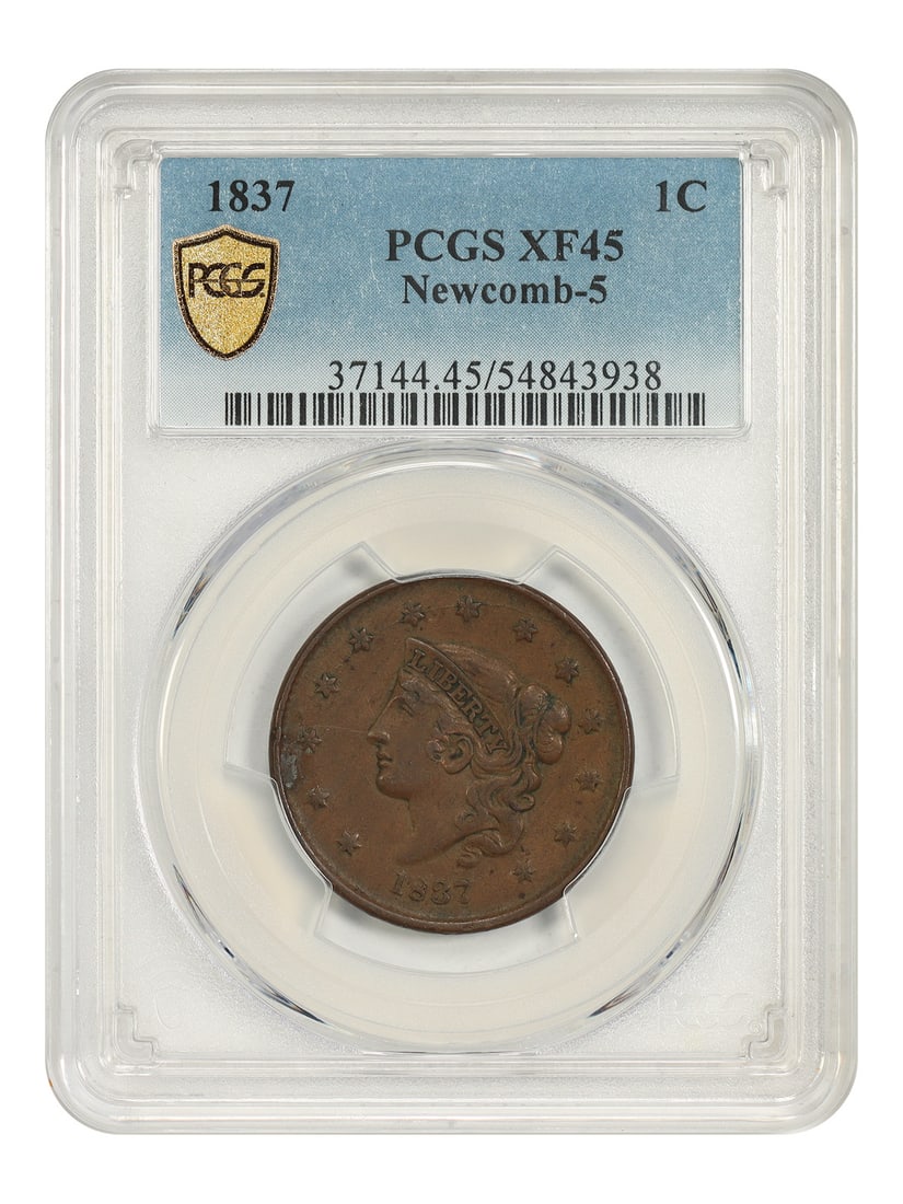 1837 1C PCGS XF45 (N-5, Small Letters) - Coronet Head Cent: 1837 1C PCGS XF45 (N-5, Small Letters) - Coronet Head Cent The 1837 1C PCGS XF45 (N-5, Small Letters) - Coronet Head Cent is a circulated example of this iconic coin, bearing the distinctive small let