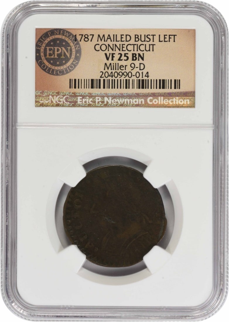 Mailed Bust Left VF25BN NGC 1787 Connecticut: Mailed Bust Left VF25BN NGC 1787 Connecticut Circulated in 1787, this copper colonial coin bears the mark of the NGC and is graded VF25BN, indicating a high level of detail and wear. The lack of a min