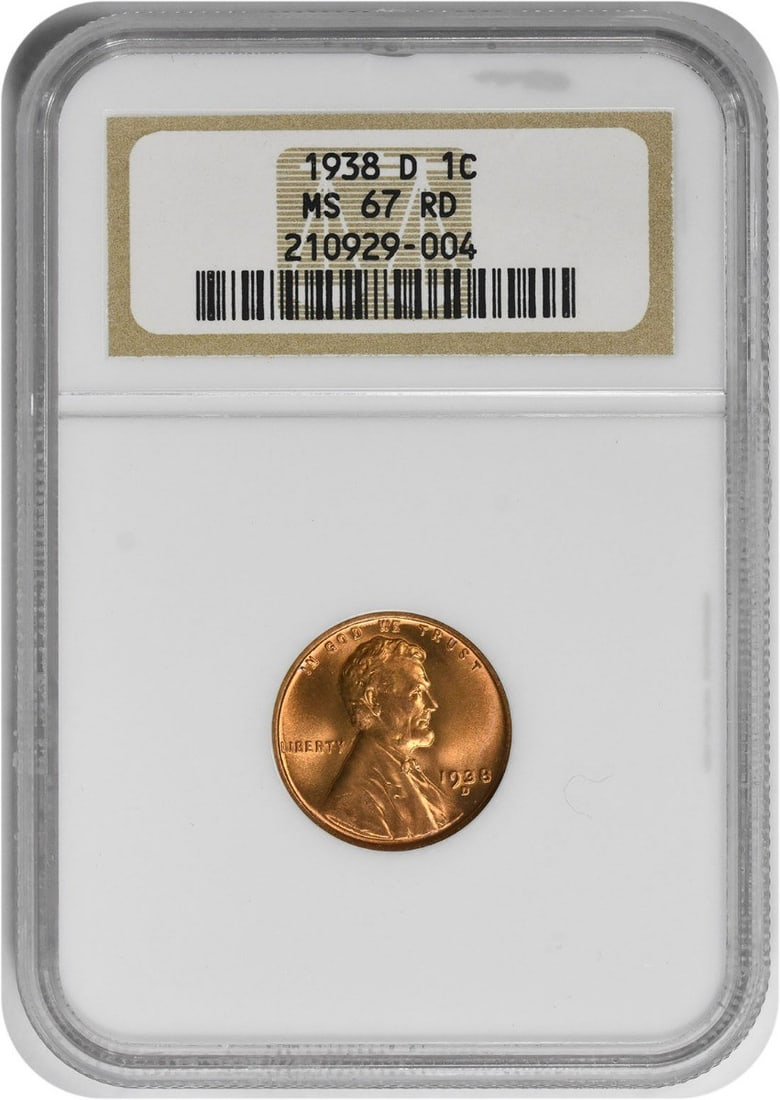 1938-D Lincoln Cent MS67RD NGC: 1938-D Lincoln Cent MS67RD NGC The 1938-D Lincoln Cent MS67RD NGC is a highly detailed and well-preserved coin, boasting a grade of MS67 from the Numismatic Guaranty Corporation. Its unique