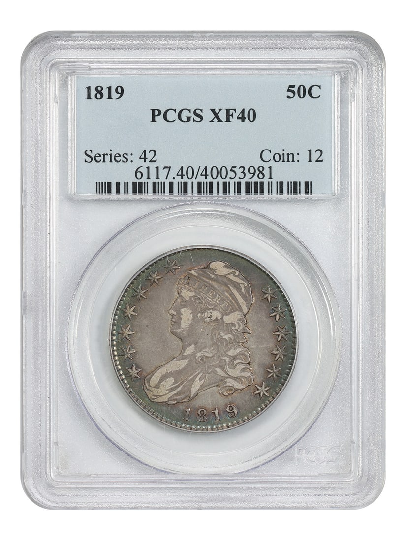 Capped Bust Half Dollar 50C 1819 PCGS XF40: Capped Bust Half Dollar 50C 1819 PCGS XF40 Capped Bust Half Dollar 1819 PCGS XF40 - A Rare Circulated Example from the Early Years of American Coinage. This 1819 Capped Bust Half Dollar is certified