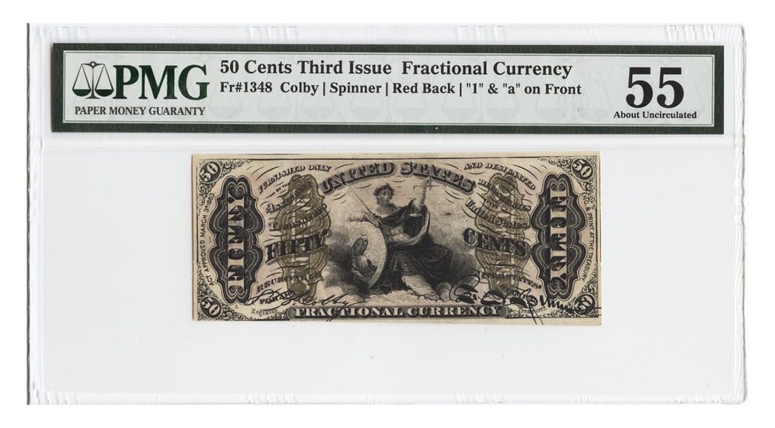 FR. 1348 50 Cents Fractional Currency PMG AU55 (Red Back, '1' And 'a' On Front): FR. 1348 50 Cents Fractional Currency PMG AU55 (Red Back, '1' And 'a' On Front) The 50 Cent Red Back Fractional Currency, certified by PMG as AU55, boasts a unique blend of historical significance