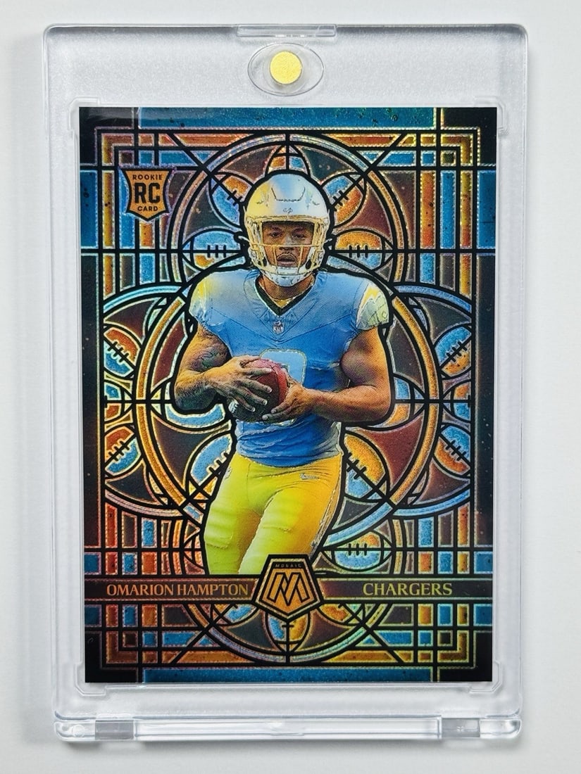 Panini Mosaic Omarion Hampton #15 Stained Glass Chargers: Panini Mosaic Omarion Hampton #15 Stained Glass Chargers Panini Mosaic Omarion Hampton #15 features a stunning stained glass design, making it a standout addition to any sports trading card collection