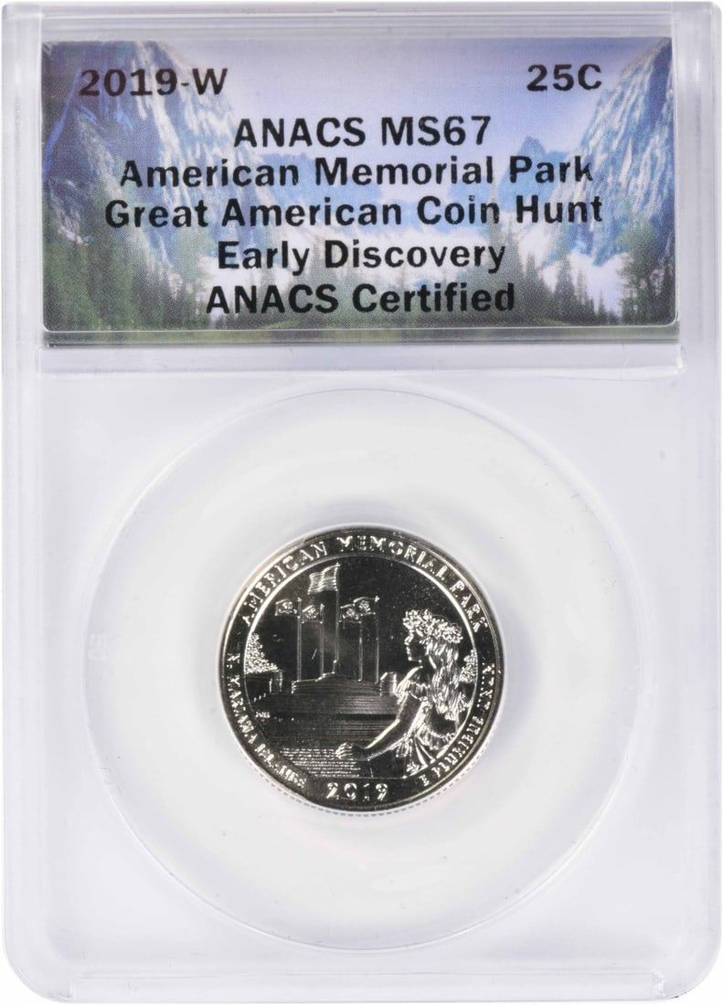 2019-W American Memorial National Park Quarter Early Discovery MS67 ANACS: 2019-W American Memorial National Park Quarter Early Discovery MS67 ANACS The 2019-W American Memorial National Park Quarter is a stunning example of the ANACS MS67 grade, showcasing exceptional detai