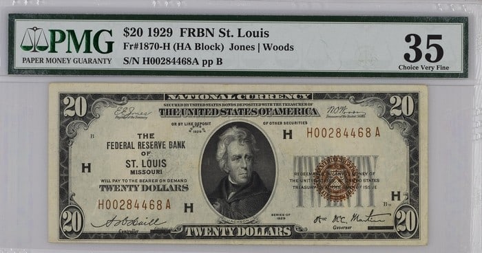 1929 $20 NATIONAL ST. LOUIS MISSOURI FR 1870-H PMG 35: 1929 $20 NATIONAL ST. LOUIS MISSOURI FR 1870-H PMG 35 The 1929 $20 National St. Louis Missouri FR 1870-H, graded PMG 35, is a circulated example of this unique banknote. This note features a distincti