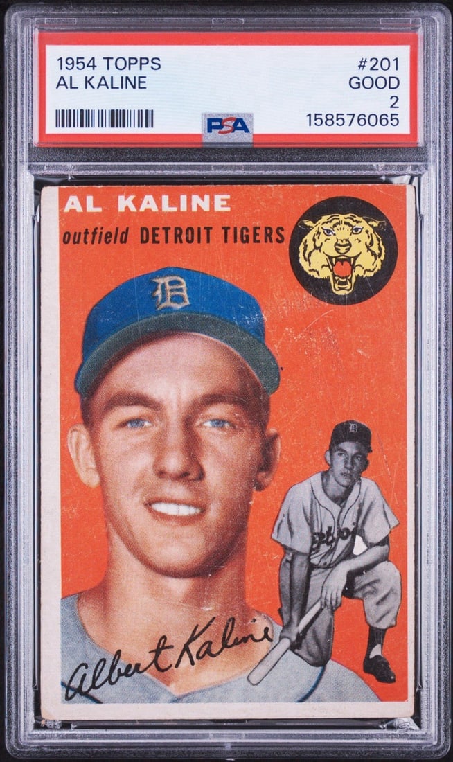 AL KALINE # 201 TOPPS 1954 PSA 2: AL KALINE # 201 TOPPS 1954 PSA 2 The 1954 Topps #201 card of Al Kaline features a PSA 2 grade, indicating a high level of condition. This vintage baseball card is part of a standard league set and sho