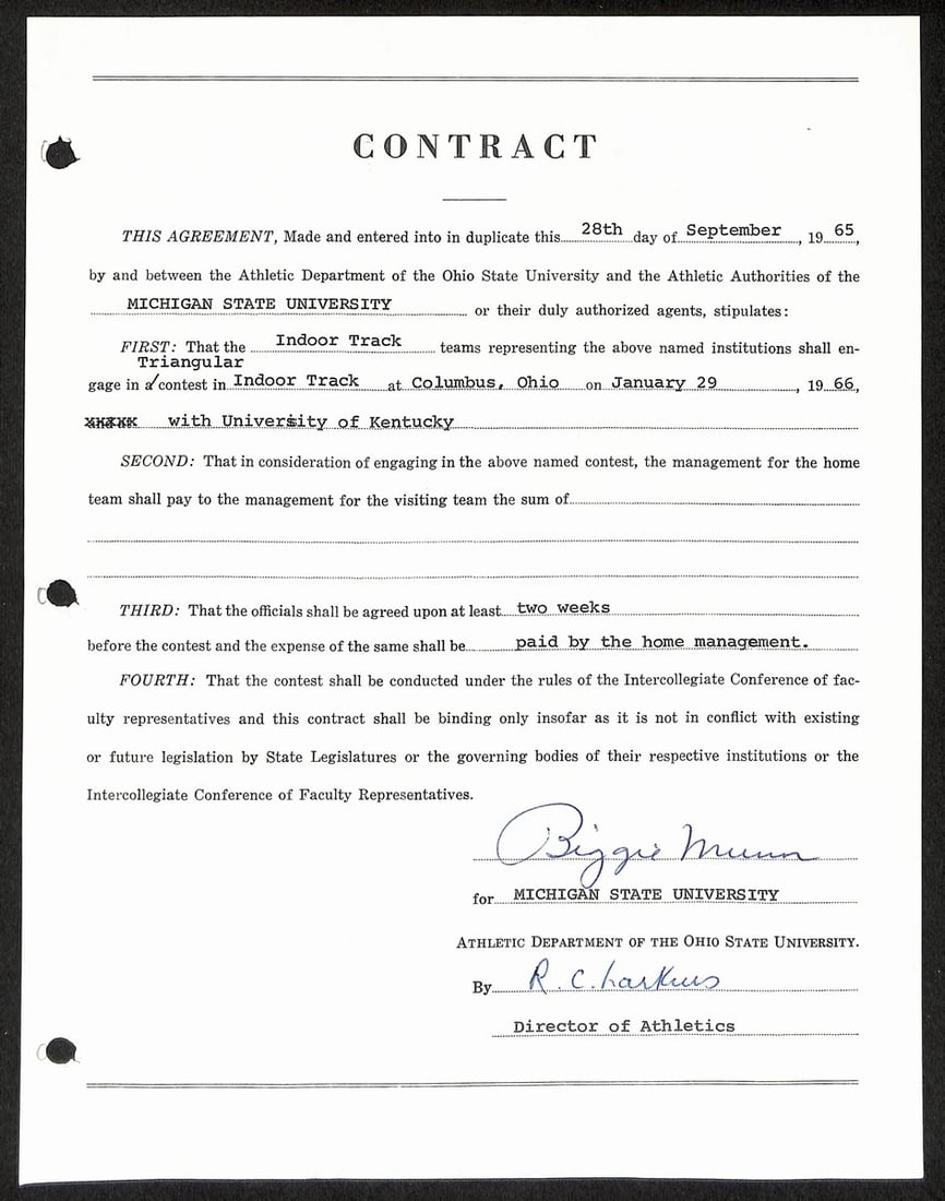 Biggie Munn HOF Michigan State Head Coach Signed/ Auto Contract JSA BA199663: Biggie Munn HOF Michigan State Head Coach Signed/ Auto Contract JSA BA199663 Item Specifics: Original/Reprint: Original Product: Photo Sport: Football Product Disclaimer: Not affiliated with any team 