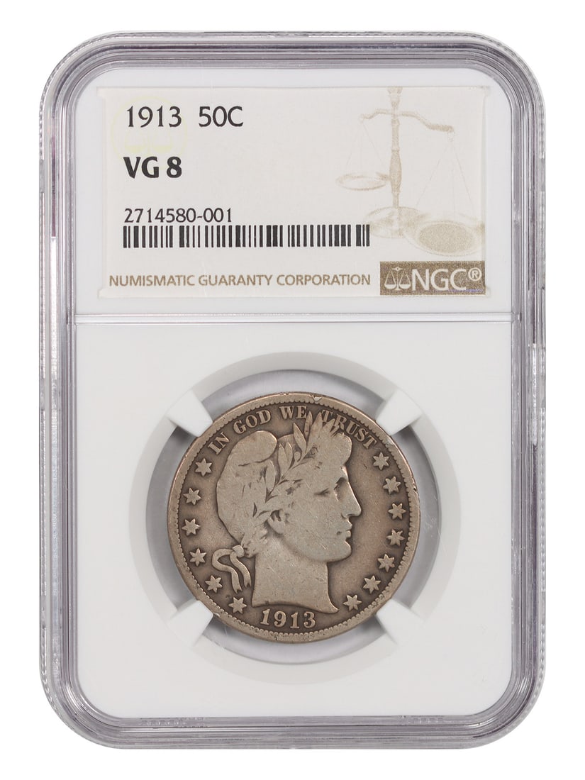 Barber Half Dollar 50C 1913 NGC VG08 Scarce: Barber Half Dollar 50C 1913 NGC VG08 Scarce The 1913 Barber Half Dollar is a scarce coin, with only a few hundred produced in 1913. Certified by the Numismatic Guaranty Corporation (NGC) as a VG08, th