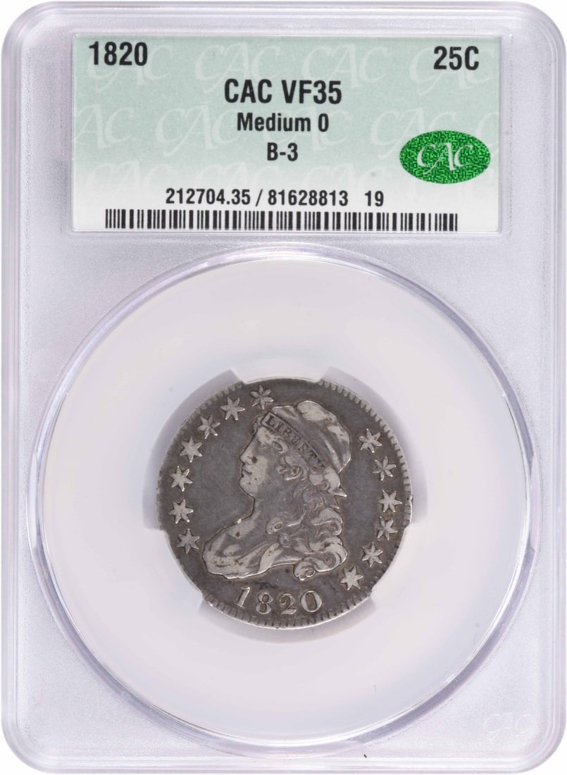 Silver Quarter 1820 Bust Medium 0 VF35 CACG: Silver Quarter 1820 Bust Medium 0 VF35 CACG The 1820 Philadelphia Silver Quarter features a striking Capped Bust design by renowned artist John Reich, with a diameter of 27 millimeters and a reeded ed