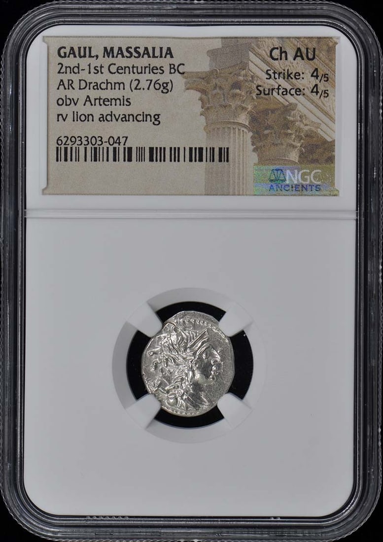 2nd-1st Centuries BC GAUL, MASSALIA AR Drachm NGC AU55: 2nd-1st Centuries BC GAUL, MASSALIA AR Drachm NGC AU55 NGC AU55 graded Massalia Ar Drachm, a 2nd-1st Centuries BC gaul coin, boasts a high level of detail and preservation. The coin's AU55 grade indic
