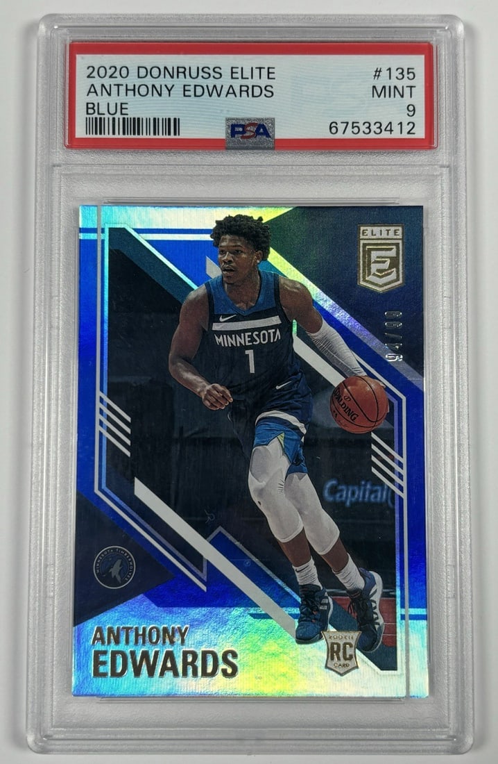 2020 DONRUSS ELITE ANTHONY EDWARDS #135 BLUE ROOKIE/ 99 PSA 9: 2020 DONRUSS ELITE ANTHONY EDWARDS #135 BLUE ROOKIE/ 99 PSA 9 The 2020 Donruss Elite Anthony Edwards #135 Blue Rookie card boasts a PSA 9 grade, showcasing exceptional condition and a vibrant blue