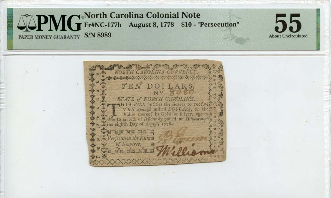 1778 August 8, $10 North Carolina Colonial Note FR#NC-177b PMG AU55: 1778 August 8, $10 North Carolina Colonial Note FR#NC-177b PMG AU55 Item Specifics: Certification: PMG Certification Number: 2022598016 Grade: AU55 Circulated/Uncirculated: Uncirculated Denomination: 