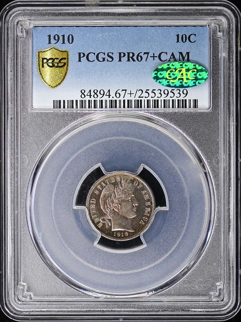 PCGS PR67+CAM Barber Dime 1910 10C: PCGS PR67+CAM Barber Dime 1910 10C PCGS PR67+CAM Barber Dime 1910 10C is a highly graded, uncirculated 1910 Barber dime with a strong strike and excellent condition. Certified by PCGS, this coin boast