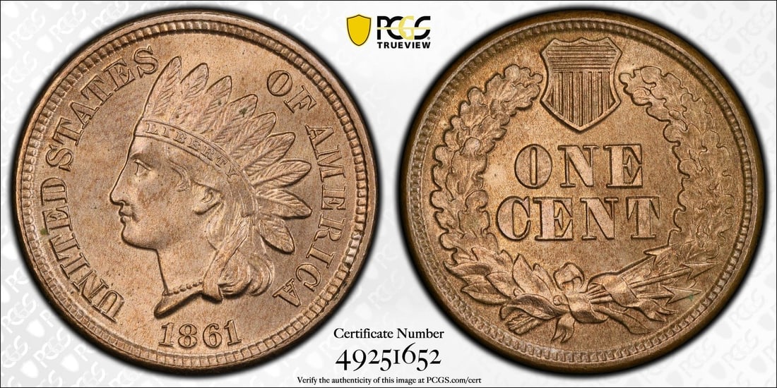 INDIAN HEAD CENT PCGS MS66: INDIAN HEAD CENT PCGS MS66 The Indian Head Cent, minted in 1861, boasts a striking design featuring a Native American head on the obverse and a shield on the reverse. Certified by PCGS as MS66, this u