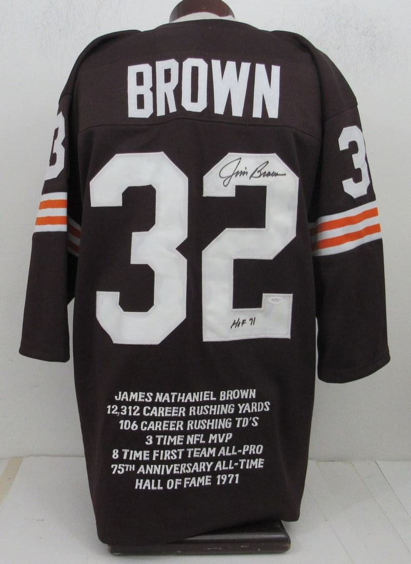 Signed Jim Brown Football Jersey Custom HOF Insc Brown w Stats 19574 Browns: Signed Jim Brown Football Jersey Custom HOF Insc Brown w Stats 19574 Browns Signed by Jim Brown, this custom Hall of Fame football jersey features a unique blend of style and nostalgia, showcasing