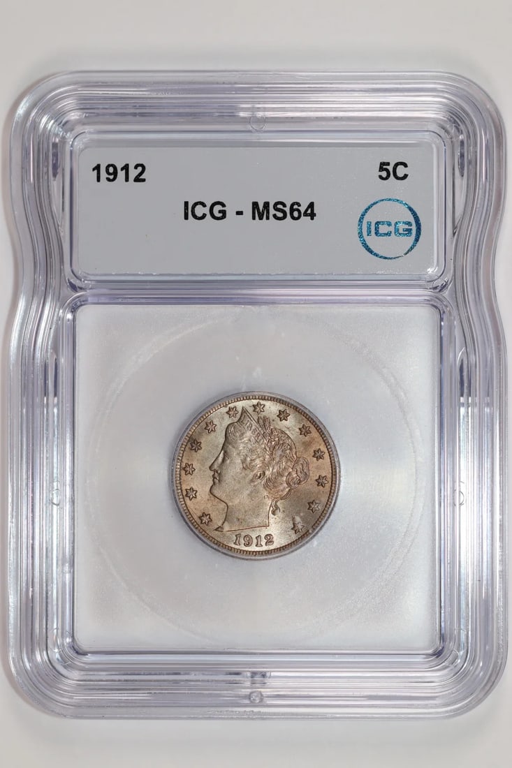 1912 LIBERTY V NICKEL ICG MS64: 1912 LIBERTY V NICKEL ICG MS64 The 1912 Liberty V Nickel ICG MS64 is a highly detailed and intricately designed coin featuring a striking V-shaped profile of Lady Liberty. With its rich history and ex