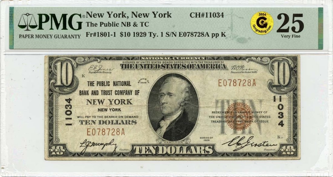 1929 Ty1 Public National B&TCo NY CH#11034 PMG VF25 GCC Gold: 1929 Ty1 Public National B&TCo NY CH#11034 PMG VF25 GCC Gold 1929 Ty1 Public National B&TCo NY CH#11034 PMG VF25 GCC Gold is a circulated 1929 $1 gold coin featuring a distinctive design from the B&TC