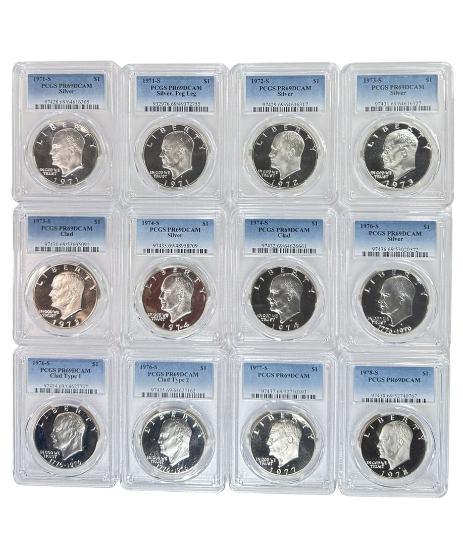 1971-1978 S Ike Dollar PCGS PR69DCAM 12 Coins: 1971-1978 S Ike Dollar PCGS PR69DCAM 12 Coins The 1971-1978 S Ike Dollar PCGS PR69DCAM 12 Coins are a rare and highly detailed collection, featuring 12 coins certified by PCGS with a high grade of PR6