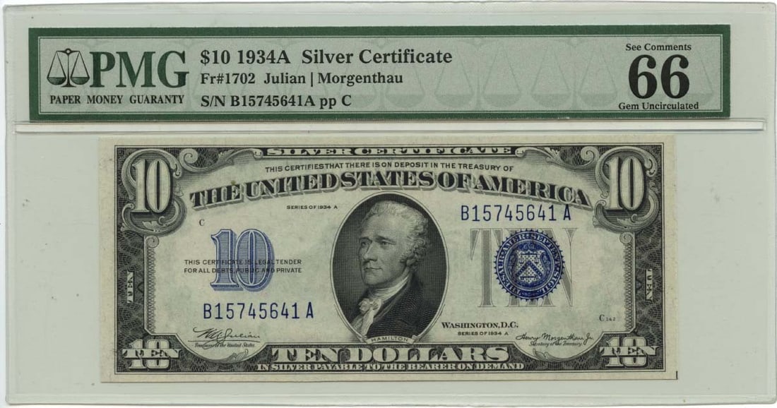 1934A $10 Silver Certificate Blue Julian Morgenthau Fr# 1702 PMG GEM 66 EPQ: 1934A $10 Silver Certificate Blue Julian Morgenthau Fr# 1702 PMG GEM 66 EPQ The 1934A $10 Silver Certificate Blue is a highly sought-after note, graded MS66 by PMG, indicating its exceptional conditio