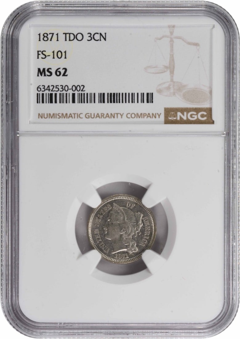 Nickel TDO Three Cent 1871 FS-101 MS62 NGC: Nickel TDO Three Cent 1871 FS-101 MS62 NGC The 1871 Three Cent Nickel, certified MS62 by the NGC, boasts a striking design by James Barton Longacre, with its plain edge and 17.90mm diameter making it 