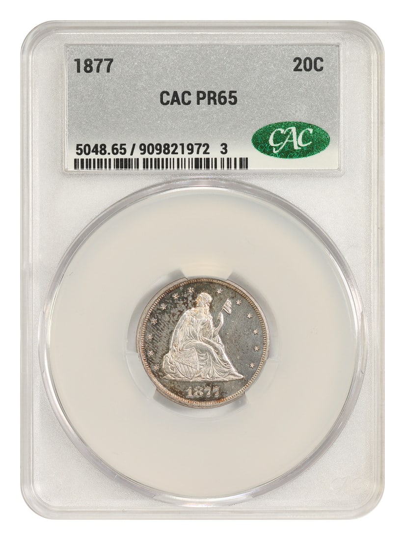 Scarce Proof-Only 1877 Twenty Cent CACG PR65: Scarce Proof-Only 1877 Twenty Cent CACG PR65 The 1877 Twenty Cent CACG PR65 is a scarce proof-only coin, featuring a Philadelphia mint mark and a circulated/uncirculated designation of "Uncirculated".