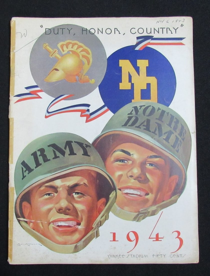 11/ 6/ 1943 Army vs. Notre Dame College Program 185819: 11/ 6/ 1943 Army vs. Notre Dame College Program 185819 Original 1943 Army vs. Notre Dame College Football Program, featuring a historic matchup between two of the nation's top teams, with a unique ble
