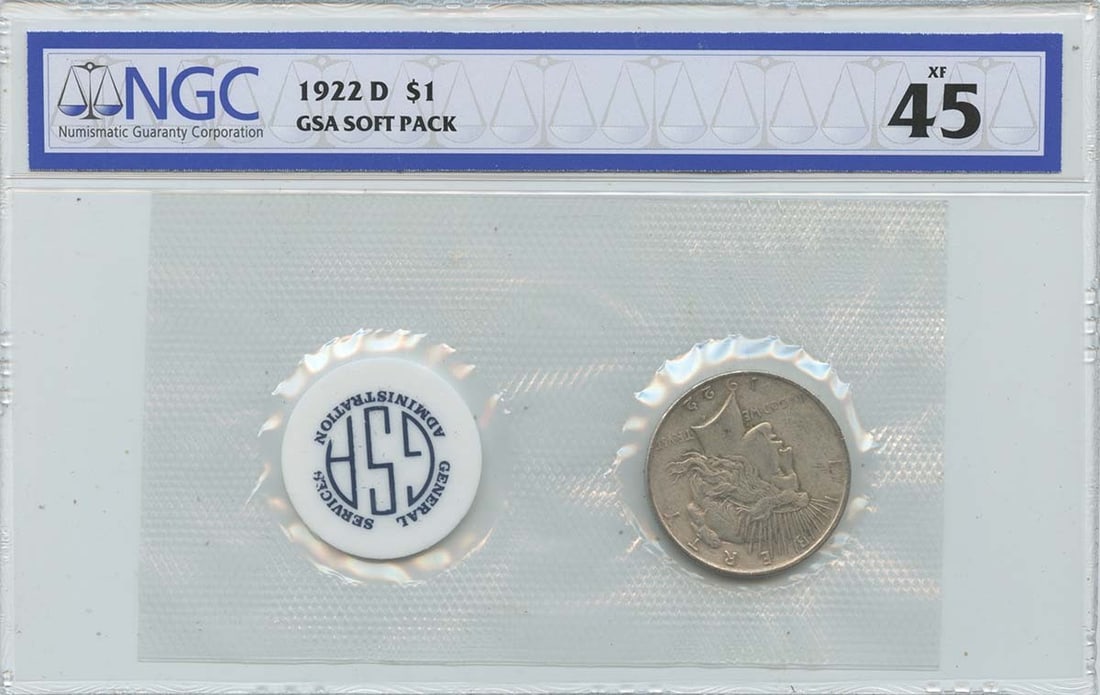 1922-D Peace Dollar GSA SOFT PACK S$1 NGC XF45: 1922-D Peace Dollar GSA SOFT PACK S$1 NGC XF45 1922-D Peace Dollar GSA Soft Pack S$1 NGC XF45 - A Circulated 1922 Peace Dollar in Excellent Condition. This coin features the iconic design of the Peace