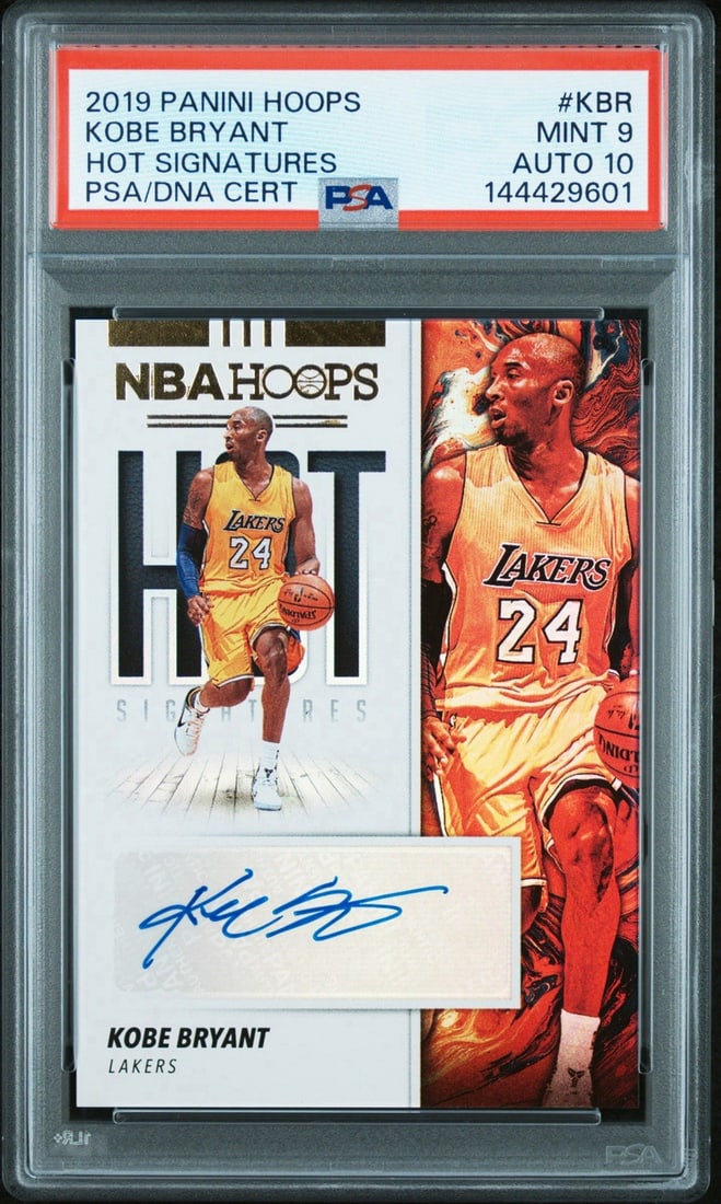 2019 PANINI HOOPS KOBE BRYANT #KBR HOT SIGNATURES AUTO PSA 9 AUTO 10: 2019 PANINI HOOPS KOBE BRYANT #KBR HOT SIGNATURES AUTO PSA 9 AUTO 10 Kobe Bryant's #KBR card from the 2019 Panini Hoops set boasts a PSA 9 auto and 10, showcasing the basketball legend's impressive si