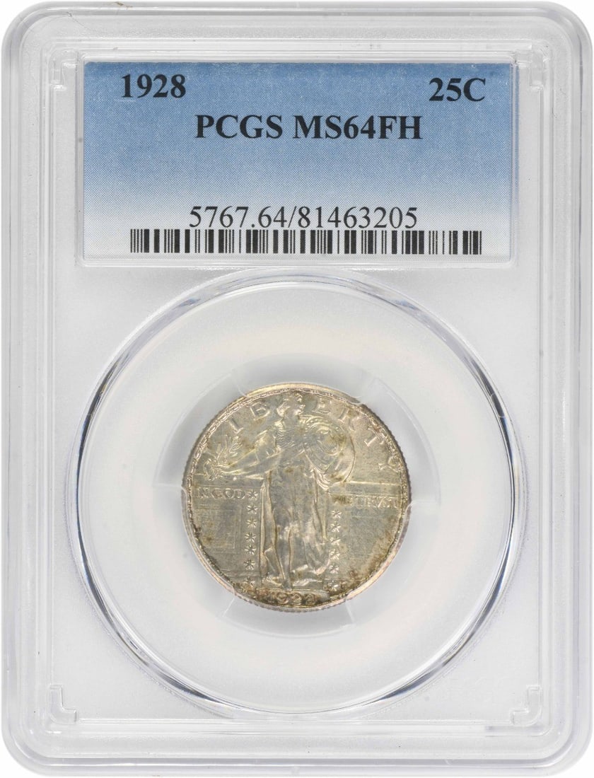 1928 Standing Liberty Silver Quarter MS64FH PCGS: 1928 Standing Liberty Silver Quarter MS64FH PCGS The 1928 Standing Liberty Silver Quarter MS64FH PCGS is a highly detailed and well-preserved coin, certified by the PCGS as being in MS64 Uncirculated 