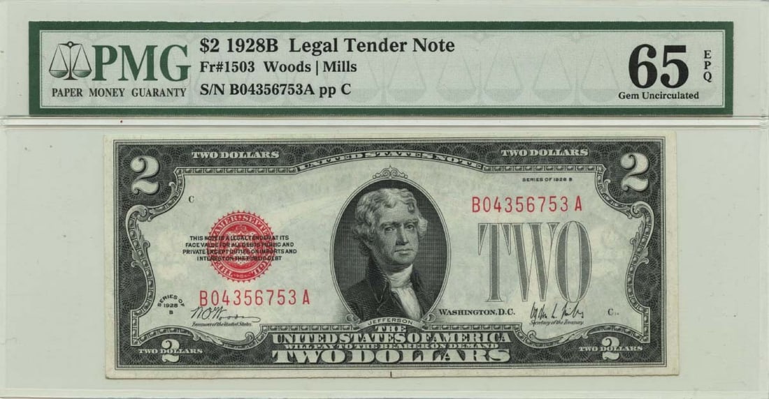 $2 Legal Tender Red 1928B 1503 PMG Gem EPQ: $2 Legal Tender Red 1928B 1503 PMG Gem EPQ The 1928B $1503 note features a stunning design and is certified by PMG as MS65 Uncirculated. This 1503 series note is a rare and highly sought-after