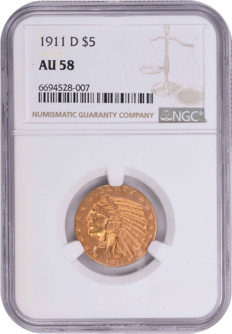 1911-D $5 Gold Indian AU58 NGC: 1911-D $5 Gold Indian AU58 NGC The 1911-D $5 Gold Indian features a striking design by Bela Lyon Pratt, with its 90% gold and 10% copper composition making it a unique blend of elegance and