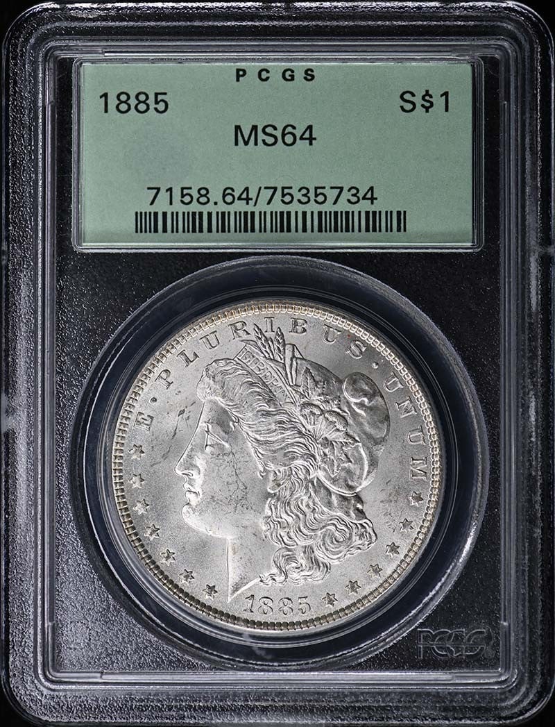 1885 $1 Morgan Dollar PCGS MS64: 1885 $1 Morgan Dollar PCGS MS64 The 1885 $1 Morgan Dollar is a highly detailed and well-crafted coin, graded MS64 by the PCGS. This uncirculated coin was minted in Philadelphia, showcasing the iconic 